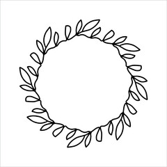 Vector hand drawn spring wreath isolated on white background. Outline circle of leaves. Doodle style. Floral frame. Family monogram.