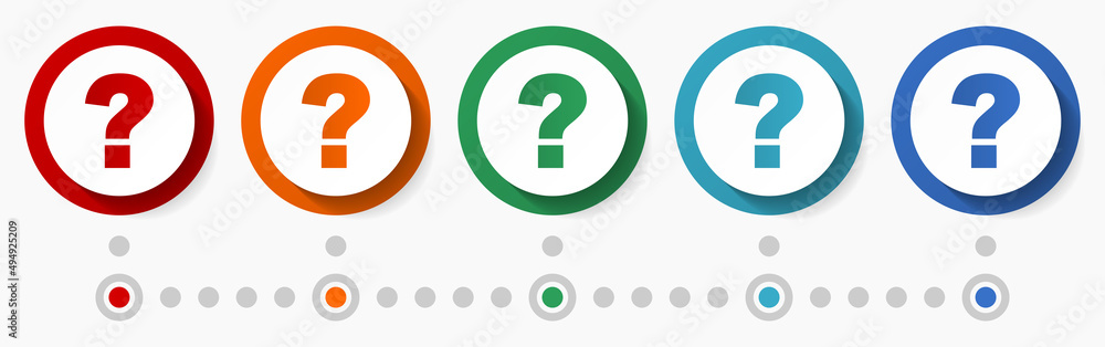 Poster Question mark concept vector icon set, flat design colorful buttons, infographic template in 5 color options