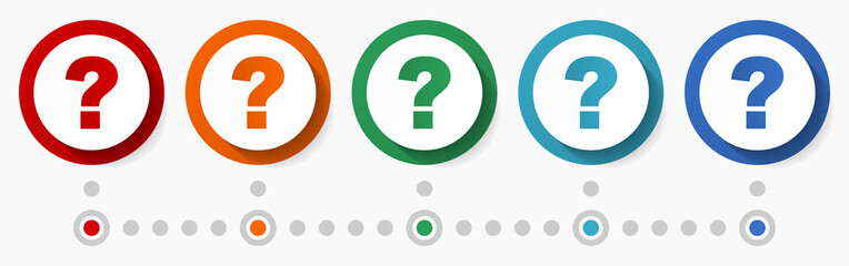 Question mark concept vector icon set, flat design colorful buttons, infographic template in 5 color options