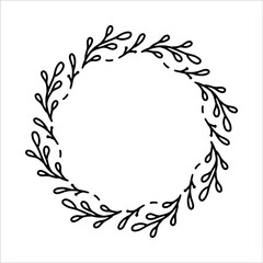 Vector hand drawn spring wreath isolated on white background. Outline circle of leaves. Doodle style. Floral frame. Family monogram.