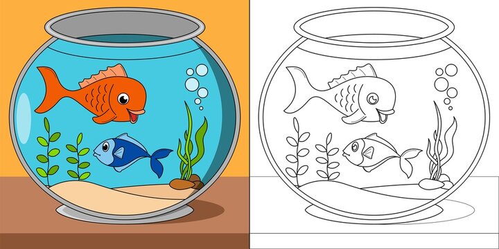 Freshwater Fish In Aquarium Tank Suitable For Children's Coloring Page Vector Illustration