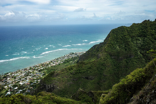 Aerial view of the Crouching Lion Hike in Ohau, Hawaii
