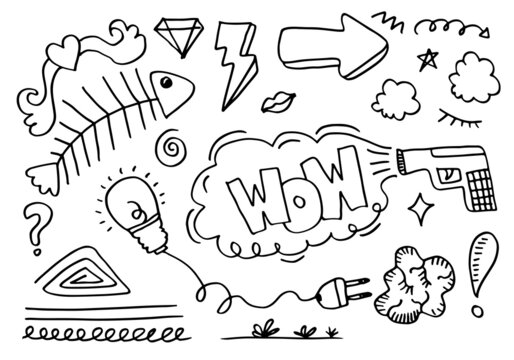 fish skeleton doodles, arrows, thunderbolt, diamonds, light bulbs and other elements isolated on a white background.