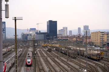 Aerial view of City of Zürich with track field at railway station Zürich Altstetten on a cloudy spring day. Photo taken March 16th, 2022, Zurich, Switzerland.