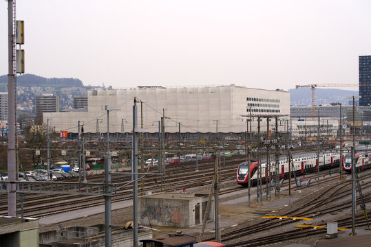 Aerial view of City of Z&uuml;rich with construction site of the ice hockey stadium of ZSC Lions on a cloudy spring day. Photo taken March 16th, 2022, Zurich, Switzerland.