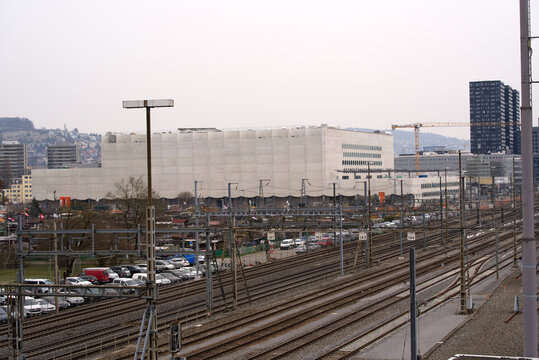 Aerial view of City of Z&uuml;rich with construction site of the ice hockey stadium of ZSC Lions on a cloudy spring day. Photo taken March 16th, 2022, Zurich, Switzerland.