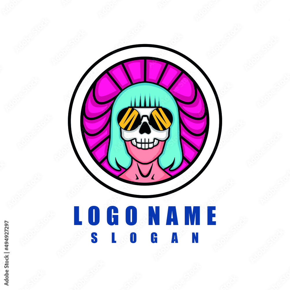 Wall mural female skull logo with blue hair