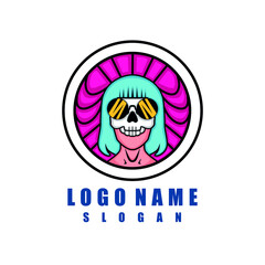 female skull logo with blue hair