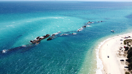Aerial view of crashed boats in the sea, Moreton Island, Queensland, Gold Coast, Australia