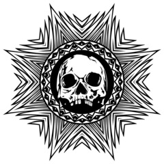 Abstract vector illustration black and white skull on round ornament. Design for tattoo or print t shirt.