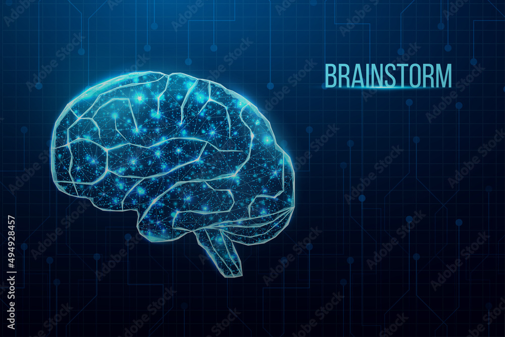 Poster human brain. wireframe low poly style. business idea concept with glowing low poly brain. abstract m
