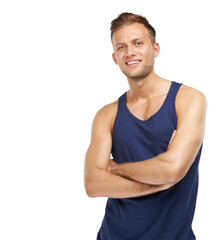 Where does his confidence come from. Studio portrait of a smiling young man isolated on white.