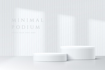 Abstract white 3D room with realistic white cylinder pedestal podium set and window shadow overlay. Minimal scene for product display presentation. Vector mock up geometric forms. Stage for showcase. - obrazy, fototapety, plakaty