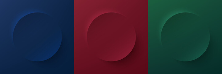 Set of dark blue, red and dark green circle board frame design. Abstract realistic 3D pedestal scene for product display in top view design. Collection of luxury geometric background with copy space.