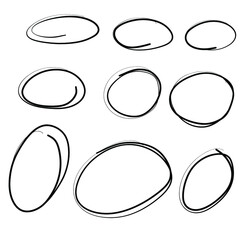 Hand drawn highlight doodle ovals. Highlight circle frames. Ovals and ellipses line template. Vector illustration isolated on white background.