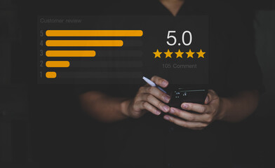 Customer review good rating concept hand pressing smartphone with level review and five star on...