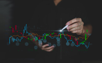 Concept of investment analysis, stock analysis, people touching visual screen and analysis stock...