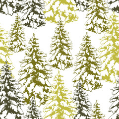 Snow Covered Spruce trees.  Hand drawn vector seamless pattern.  Nature template. .