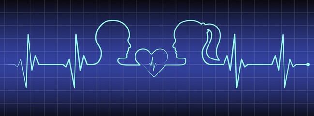 Cardio diagnosis line, heart, man, woman head, love couple line art vector. Heart rhythm ekg vector design to use in love, healthy lifestyle, emotion, family concept illustration projects. 