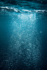 Vertical shot of air bubbles rising up under water and sunlight penetrating from the above