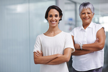 Confident in our capabilities. Portrait of two businesswomen posing in their office together.