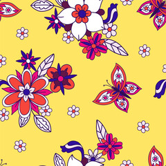 Seamless pattern with simple flowers. Floral print hippie 60s