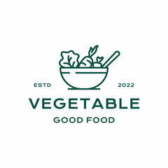 Line art Vegetable salad, healthy food, fresh salad ingredients in bowl logo design vector illustration