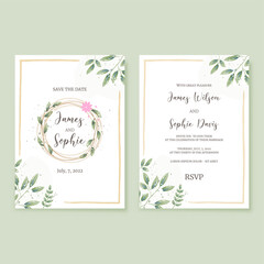 wedding invitation with leaves, vine and flower template in rustic style.