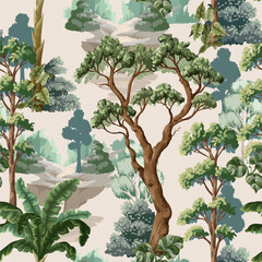 Seamless pattern with jungle trees and tropical plant. Vector. © Yumeee