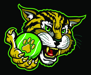 cartoon wildcat or bobcat mascot holding tennis ball for school, college or league