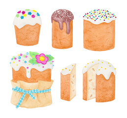 Set of Easter cakes with icing sprinkled with confectionery topping painted in watercolor. Hand drawn illustration of delicious desserts, food clipart. Holiday design elements for happy Easter cards