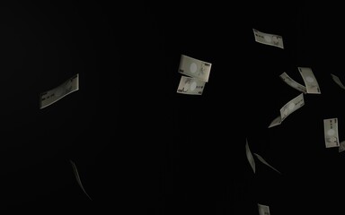 一万円札・お金の舞い散る3DCG（黒背景）