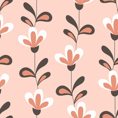 Seamless floral pattern based on traditional folk art ornaments. Colorful flowers on color background. Scandinavian style. Sweden nordic style. Vector illustration. Simple minimalistic pattern