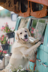 Smart dog breed golden retriever orders coffee in a mobile coffee shop in the city center