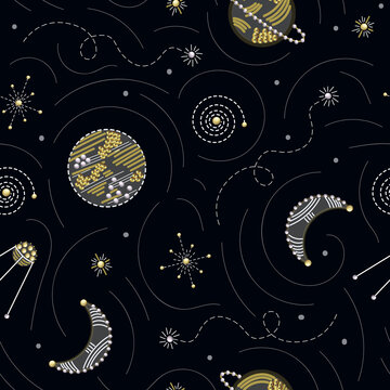 Seamless pattern with planet, stars, comets in sequins and embroidery.