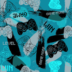 Abstract Seamless graffiti pattern with joystick. Gamer elements for boy t-shirt design. Repeat print with gamepad sign for boys textile and more  © SokolArtStudio