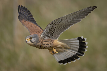 Scenic view of a male kestrel flying on a blurred background - obrazy, fototapety, plakaty