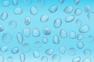 Blue water droplets. Water drops on the color surface. Vector illustration. Air bubbles, dynamic aqua motion, realistic misted glass, rain on window, wet surface, humid texture, condensation or dew