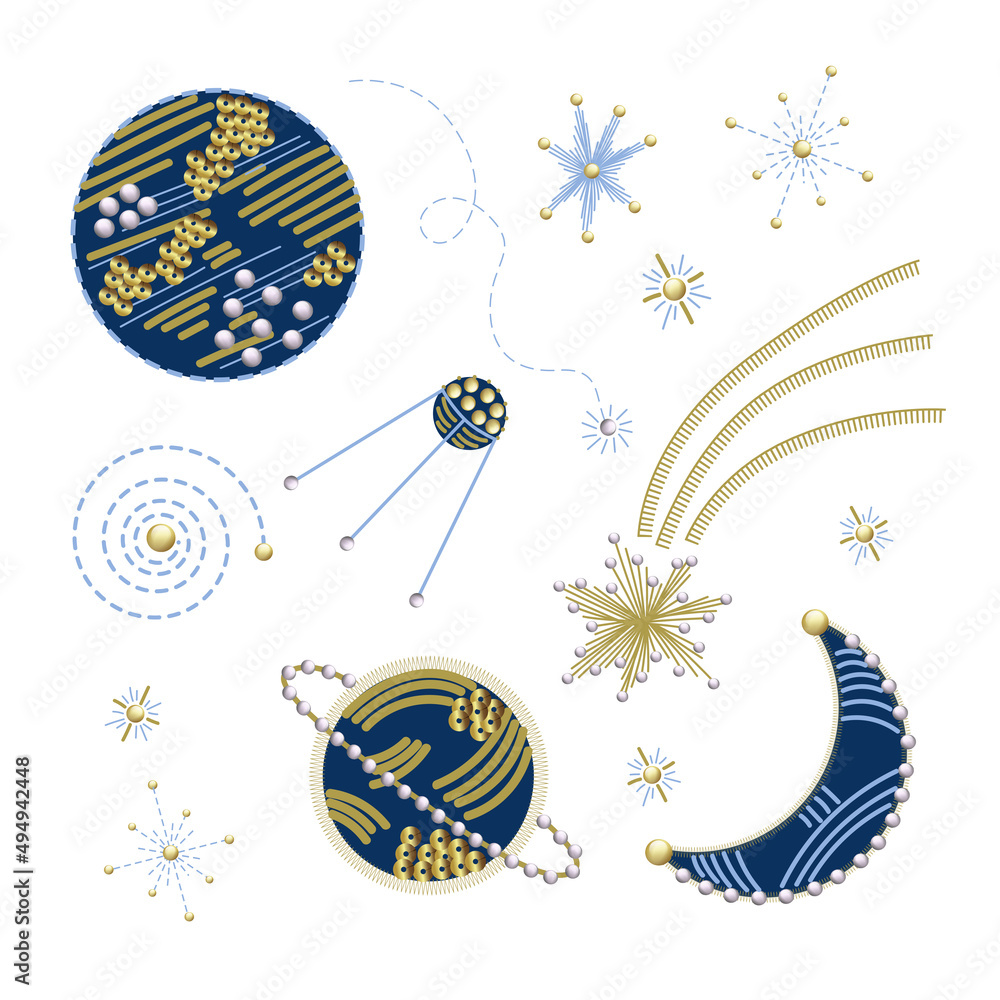 Wall mural planet, stars, comets in sequins and embroidery isolated.