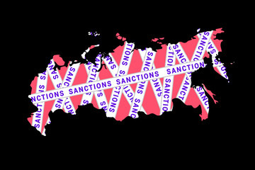Map of Russia tied with stripes with the words "Sanctions"