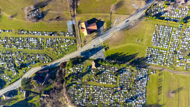 Aerial view of a large cemetery in Sovata town, Romania