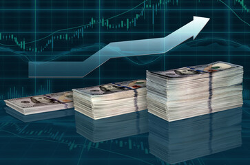 Bundle of dollar money cash, income chart exchange trading up arrow. Currency banknotes. The...