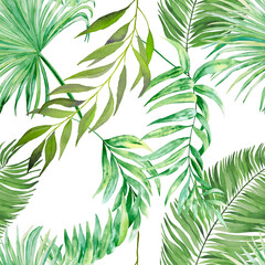 Fototapeta na wymiar Tropical leaves seamless watercolor pattern. Hand drawn illustration of green plant branches isolated on a white background. Jungle ornament. Summer print for clothes and wallpaper. Exotic background.