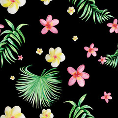 Tropical leaves and frangipani flowers seamless pattern. Hand drawn watercolor exotic foliage on black background. For printing on fabric and wrapping paper. Fashion print. Botanical wallpaper