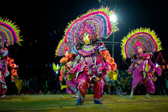 Bamnia, Purulia, West Bengal , India - December 23rd 2015 : Tribal Dancers Performing At Chhau Dance Festival. It Is A Very Popular Indian Tribal Martial Dance Performed At Night , Colored Light,