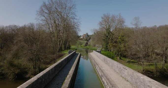 Aerial shot of the canal bridge of the Berry in Châtillon-sur-Cher, France.