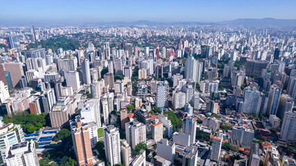 Aerial view of Av. Paulista in São Paulo, SP. Main avenue of the capital. With many radio antennas, commercial and residential buildings. Aerial view of the great city of São Paulo.