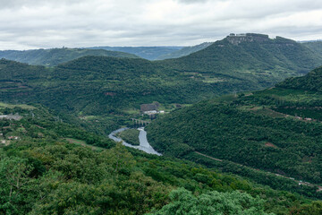 Aerial view of the forest and Antas river in Rio Grande do Sul, Brazil.