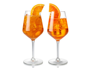 Alcoholic Aperol Spritz Cocktail in two glasses with orange slice, Isolated on White, copy space