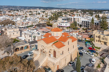 Cyprus - Orthodox church and Paphos city from drone view